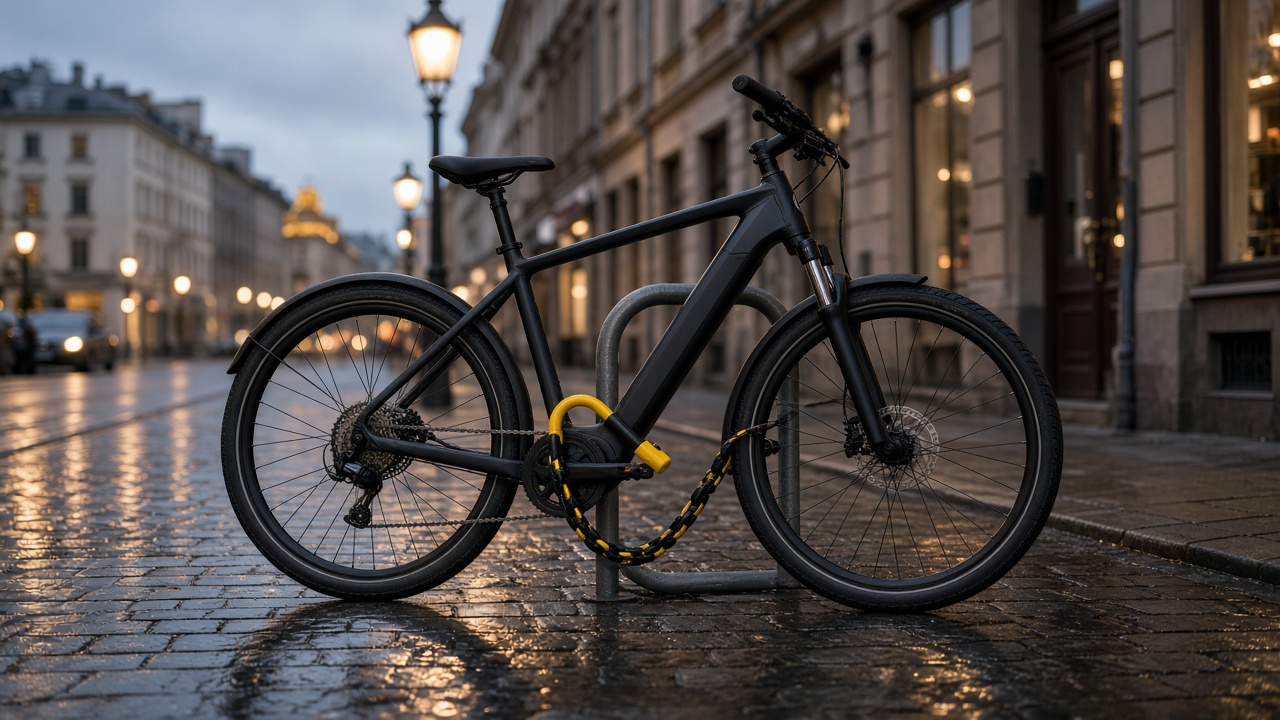 Vélo électrique urbain attaché à un arceau avec un antivol en U et une chaîne, rue pavée mouillée au crépuscule