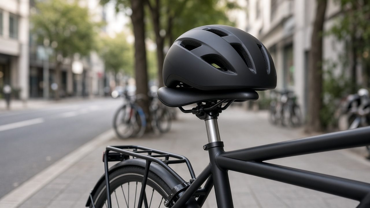 Casque de vélo urbain posé sur la selle d’un vélo de ville