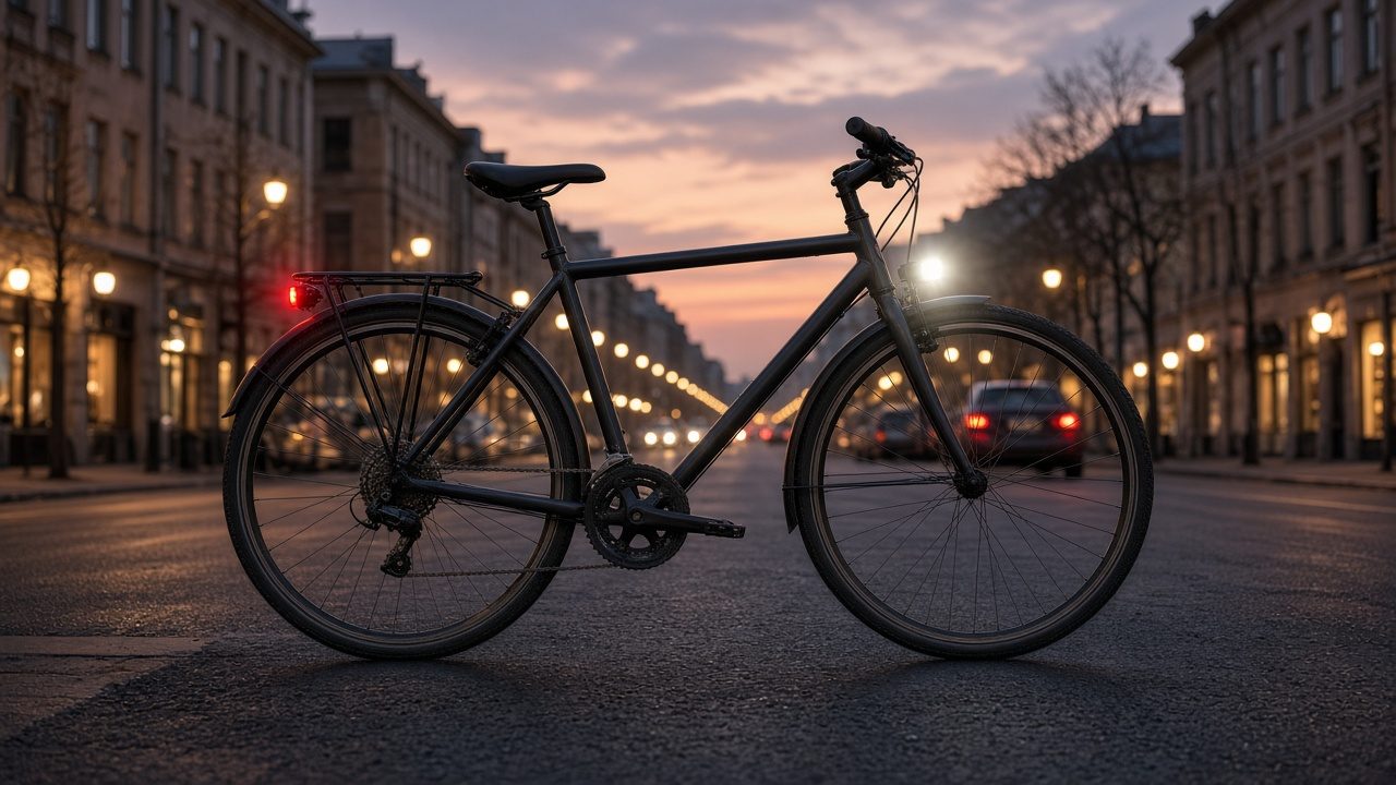 Vélo avec lumières allumées dans une rue au crépuscule