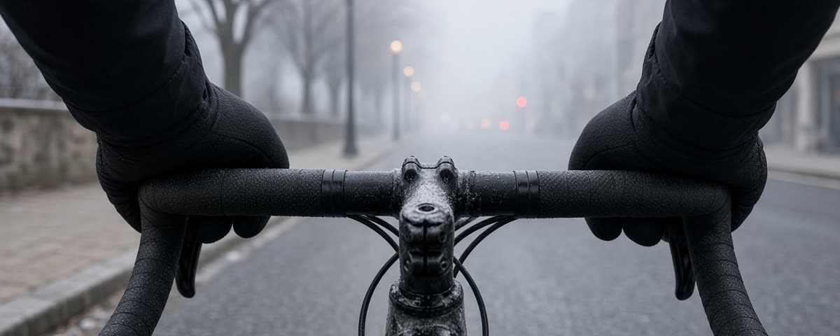 Mains d’un cycliste en gants d’hiver noirs sur le guidon d’un vélo, dans une rue brumeuse un matin froid