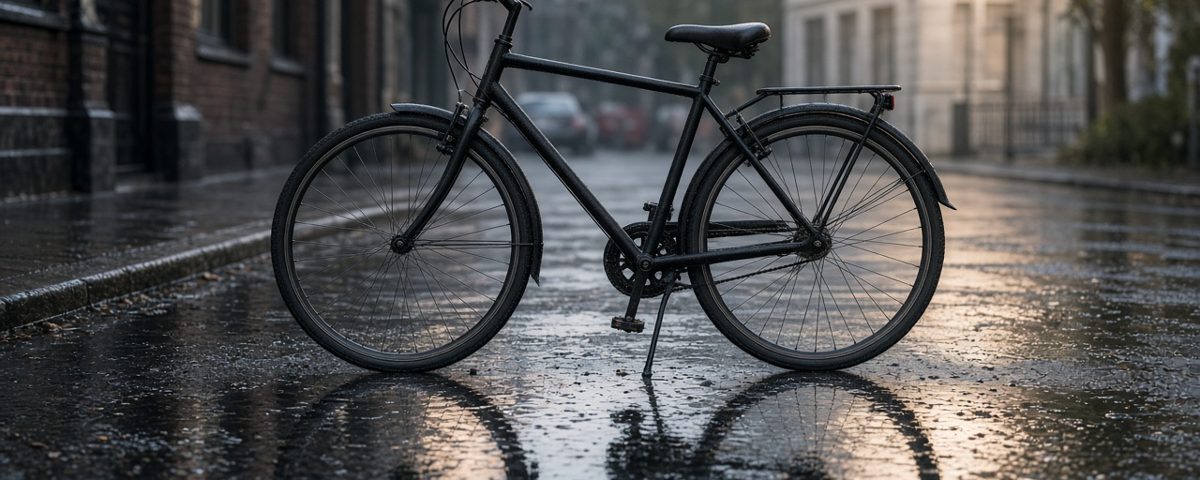 Vélo de ville équipé de garde-boue avant et arrière sur une rue mouillée