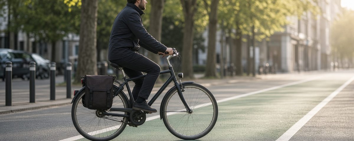 Cycliste urbain avec sacoche sur une piste cyclable le matin