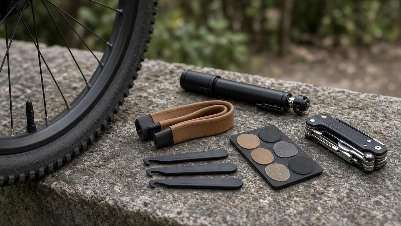 Kit de réparation de crevaison étalé à côté d’un vélo