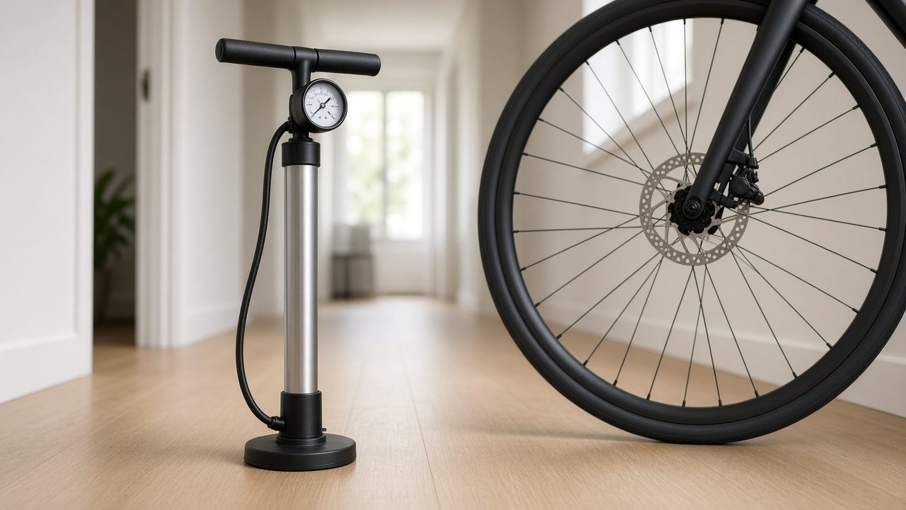 Pompe à vélo à pied à côté d’une roue de vélo