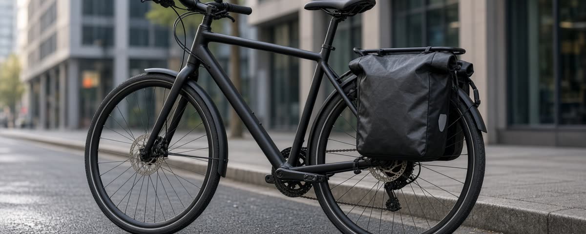 Vélo urbain noir garé en ville avec un porte-bagage arrière en aluminium et une sacoche imperméable grise