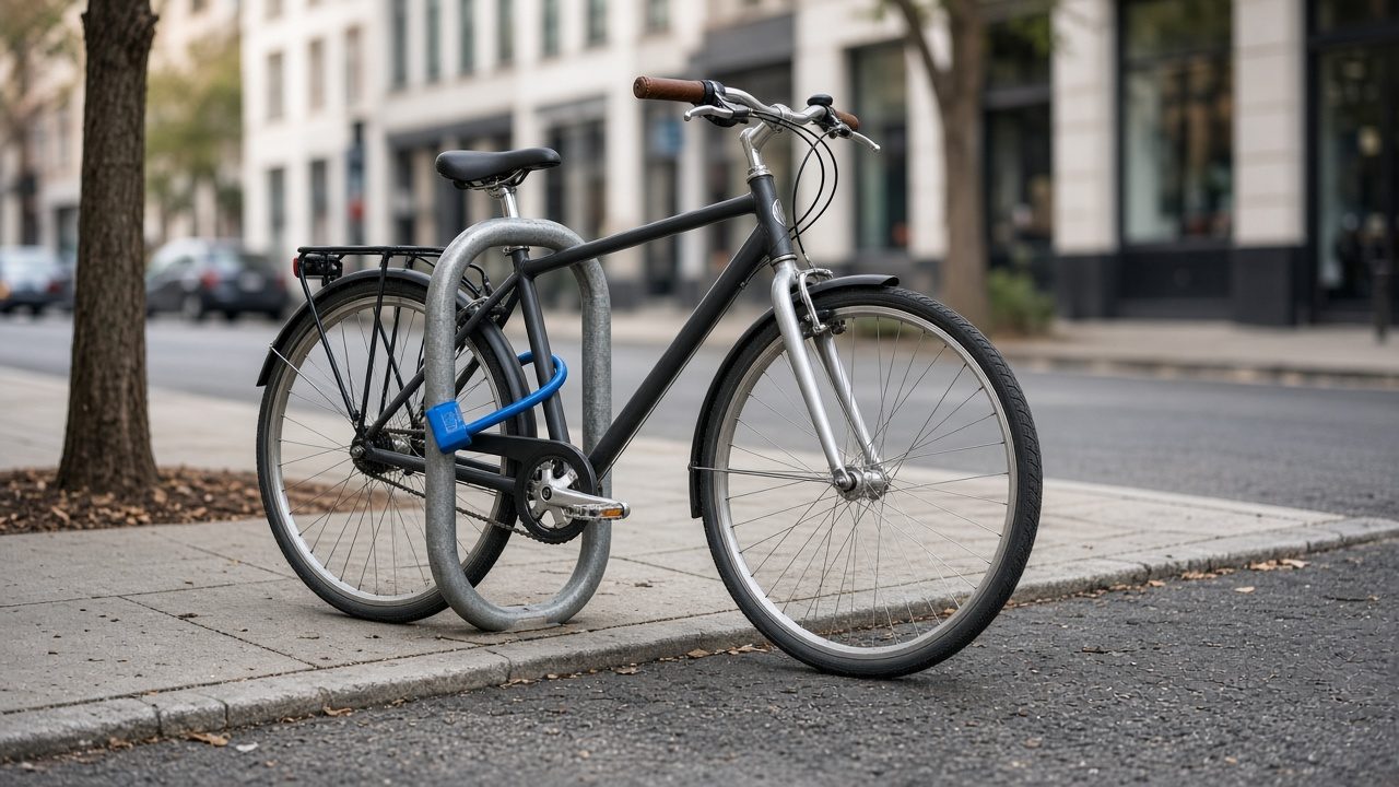 Vélo attaché à un arceau avec un antivol en U