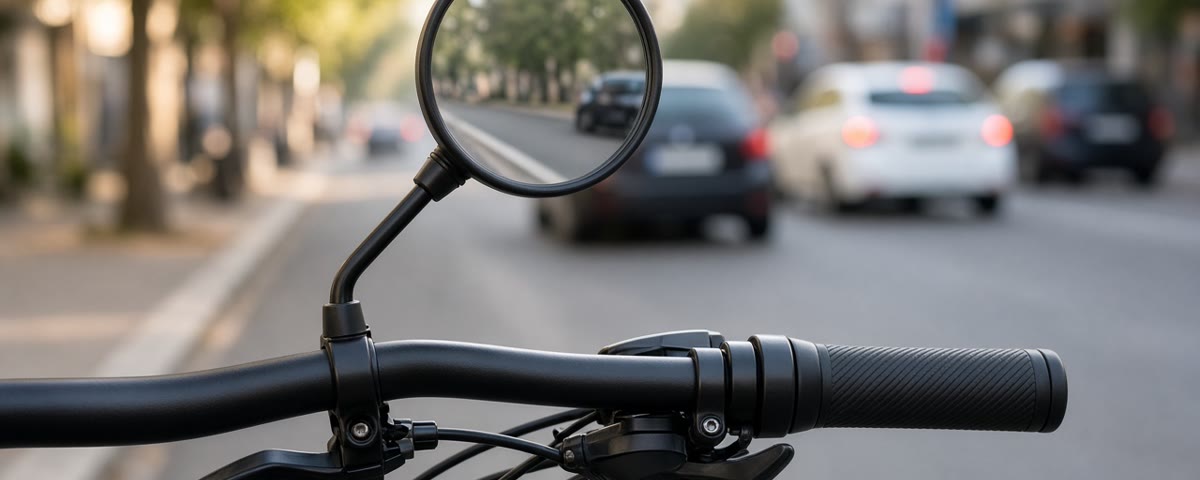 Rétroviseur rond noir fixé sur le guidon d’un vélo urbain, avec des voitures floues dans la rue derrière