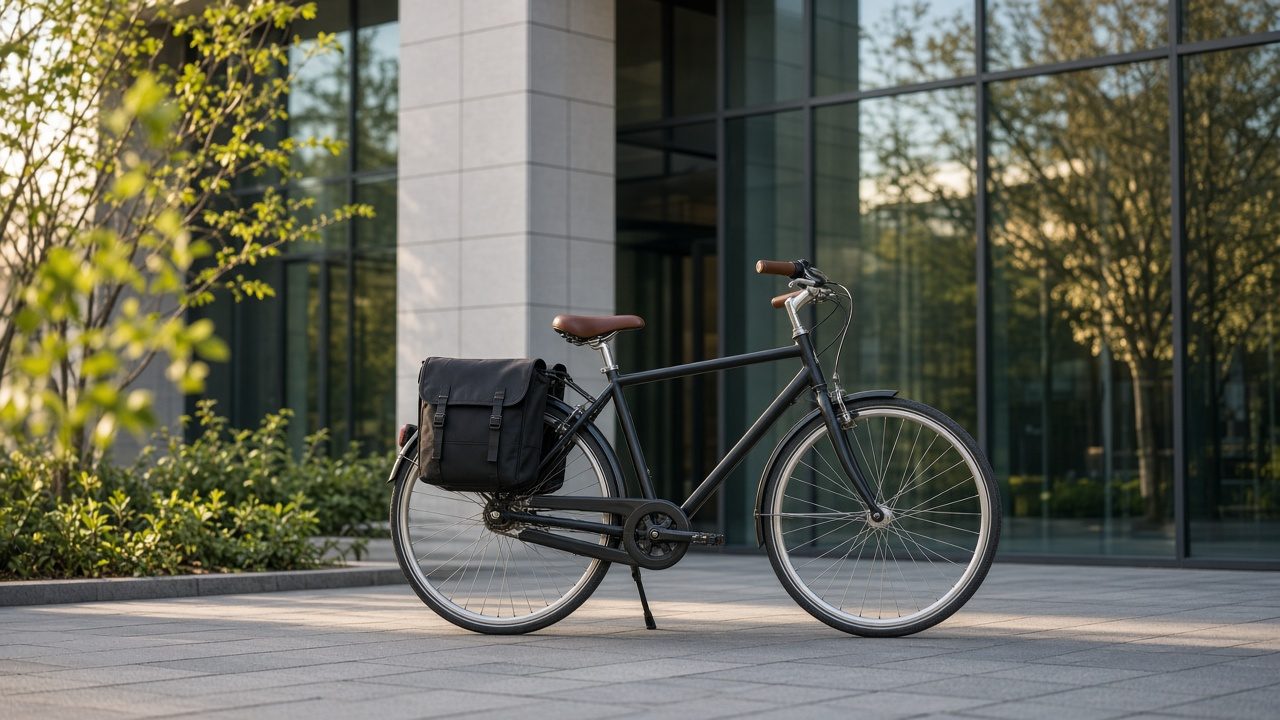 Vélo avec deux sacoches arrière garé devant un immeuble de bureaux