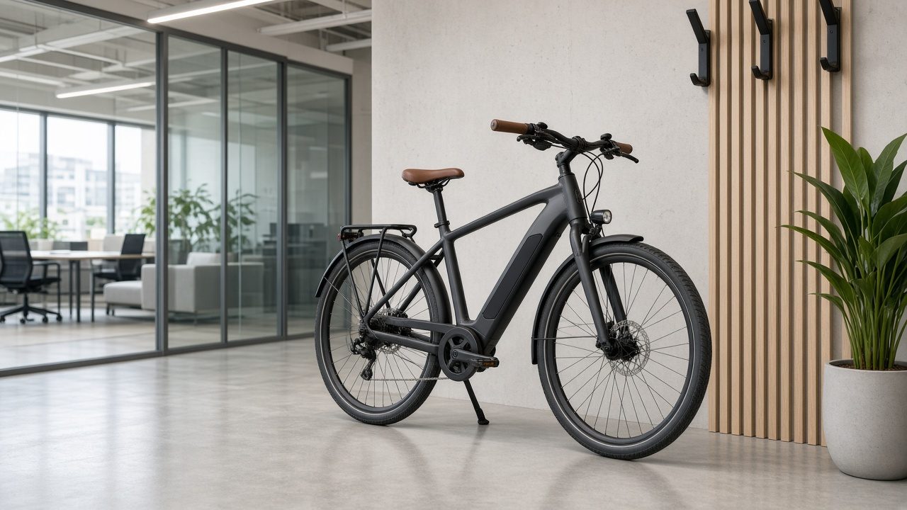 Vélo électrique garé dans un local vélo d’entreprise