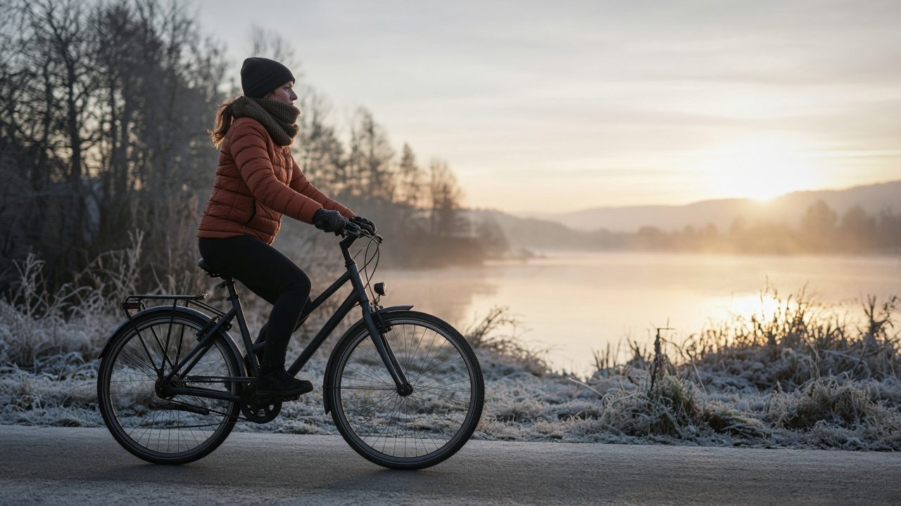 Cycliste en tenue d’hiver sur une piste cyclable un matin froid