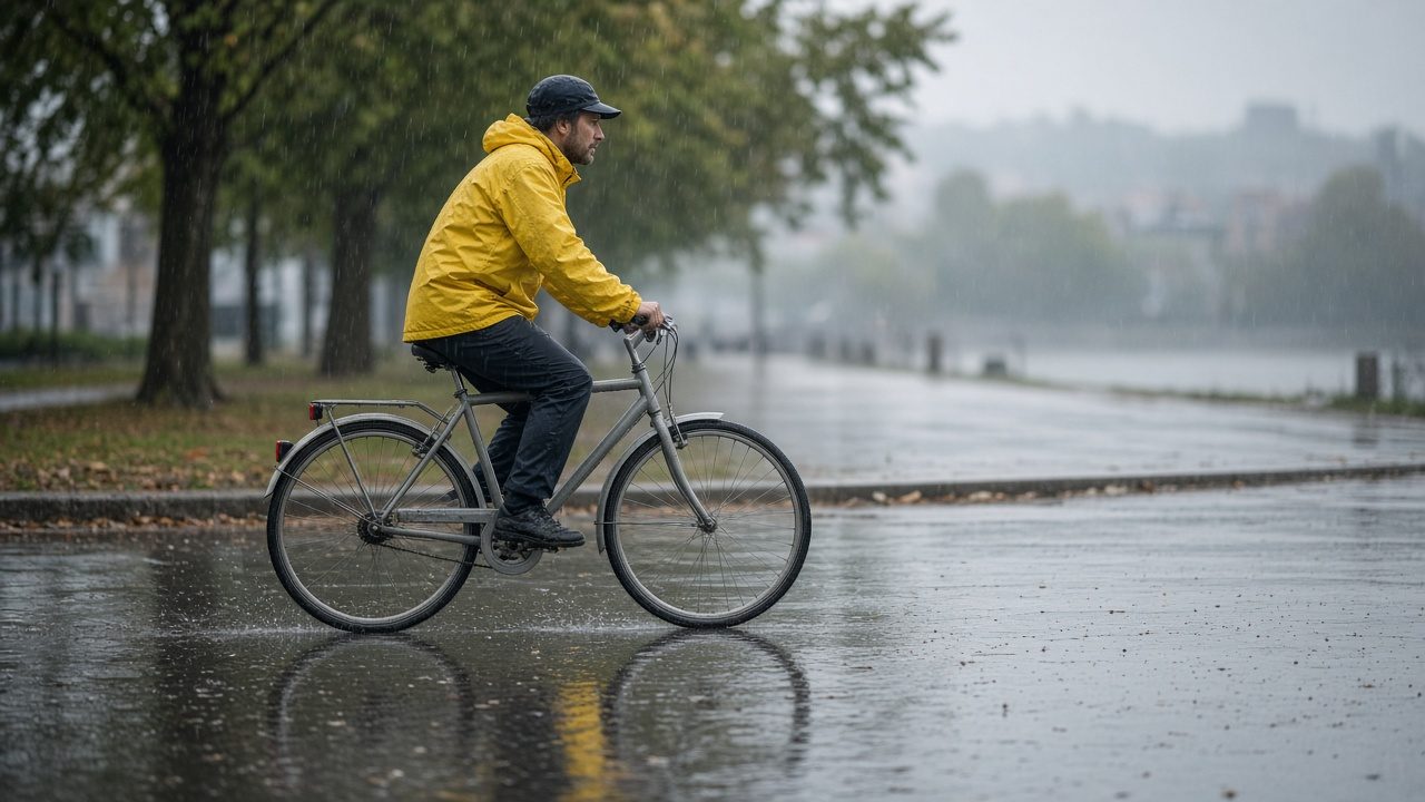 Cycliste en veste de pluie roulant dans une rue mouillée