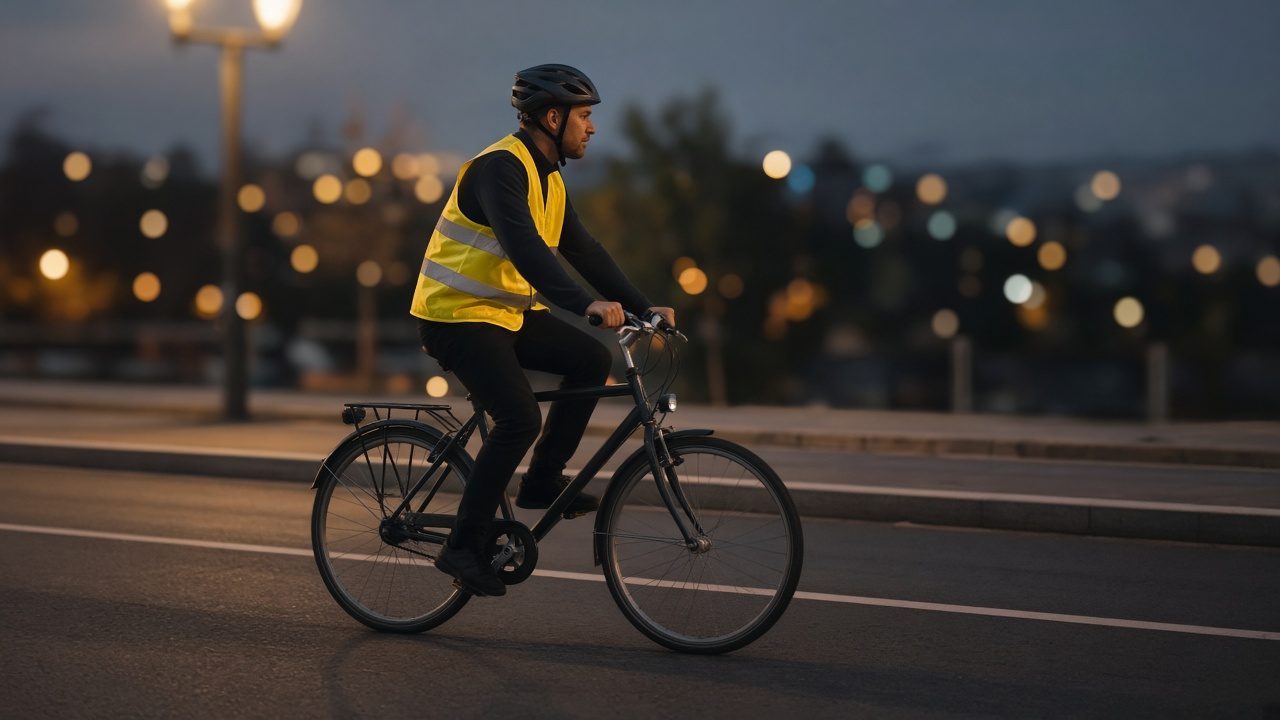 Cycliste avec gilet réfléchissant éclairé par des phares la nuit