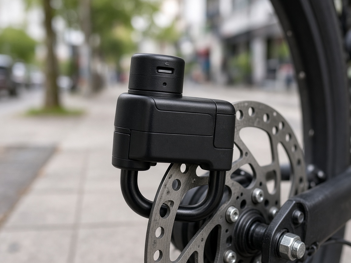 Bloque-disque avec alarme fixé sur le disque de frein d’un vélo électrique