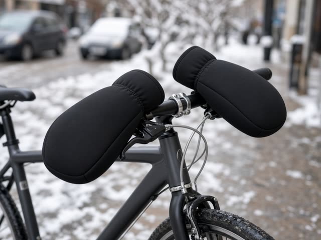 Manchons de guidon noirs en néoprène montés sur un vélo urbain dans une rue enneigée