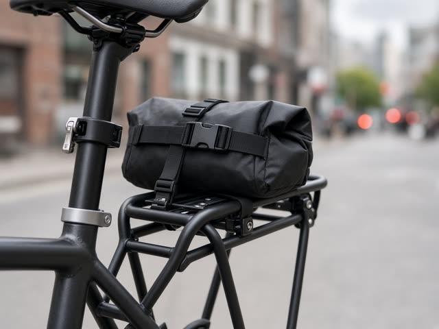 Porte-bagage fixé sur la tige de selle d’un vélo avec un petit sac sanglé dessus