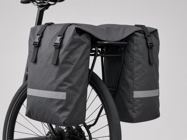 Sacoche double imperméable grise avec bandes réfléchissantes posée sur un porte-bagage
