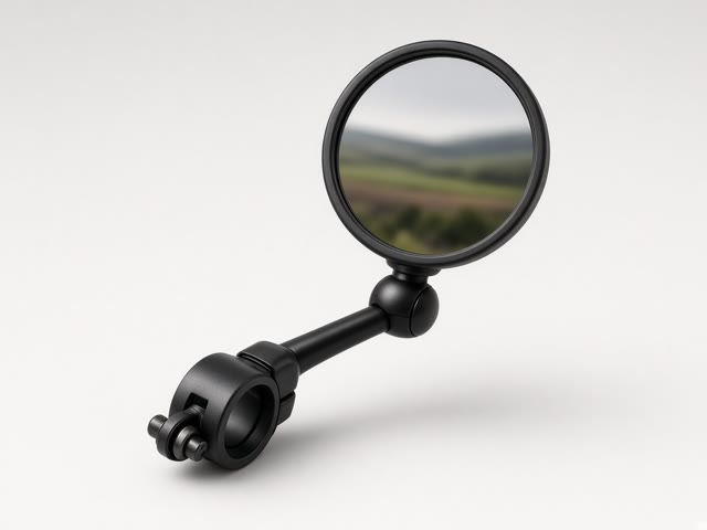 Rétroviseur vélo rond noir en bout de guidon avec rotule réglable, sur fond gris clair