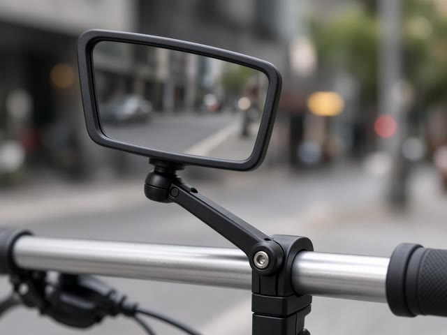 Grand rétroviseur rectangulaire sur bras réglable fixé au guidon d’un vélo électrique en ville