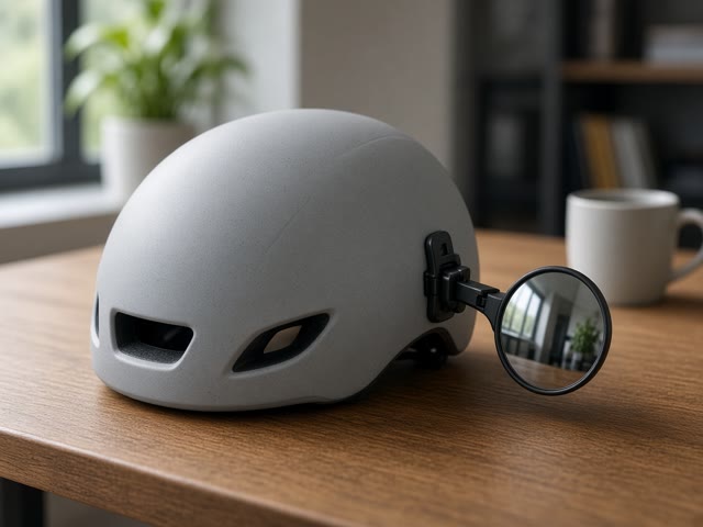 Petit rétroviseur rond fixé sur le côté d’un casque de vélo gris posé sur un bureau